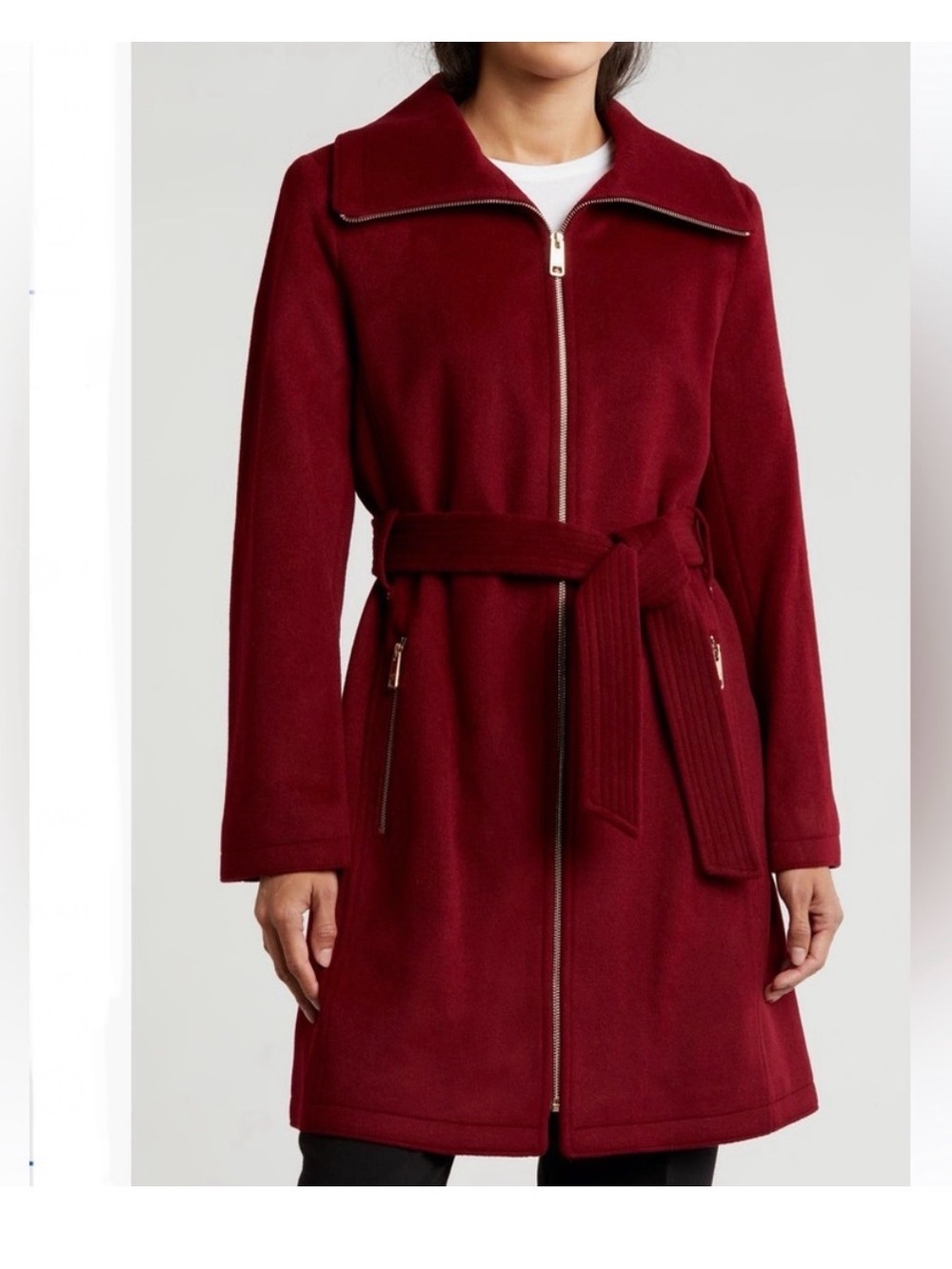 Micheal Kors Women's Belted Zip-Front Wool-Blend Coat - Burgundy NWOT Size M